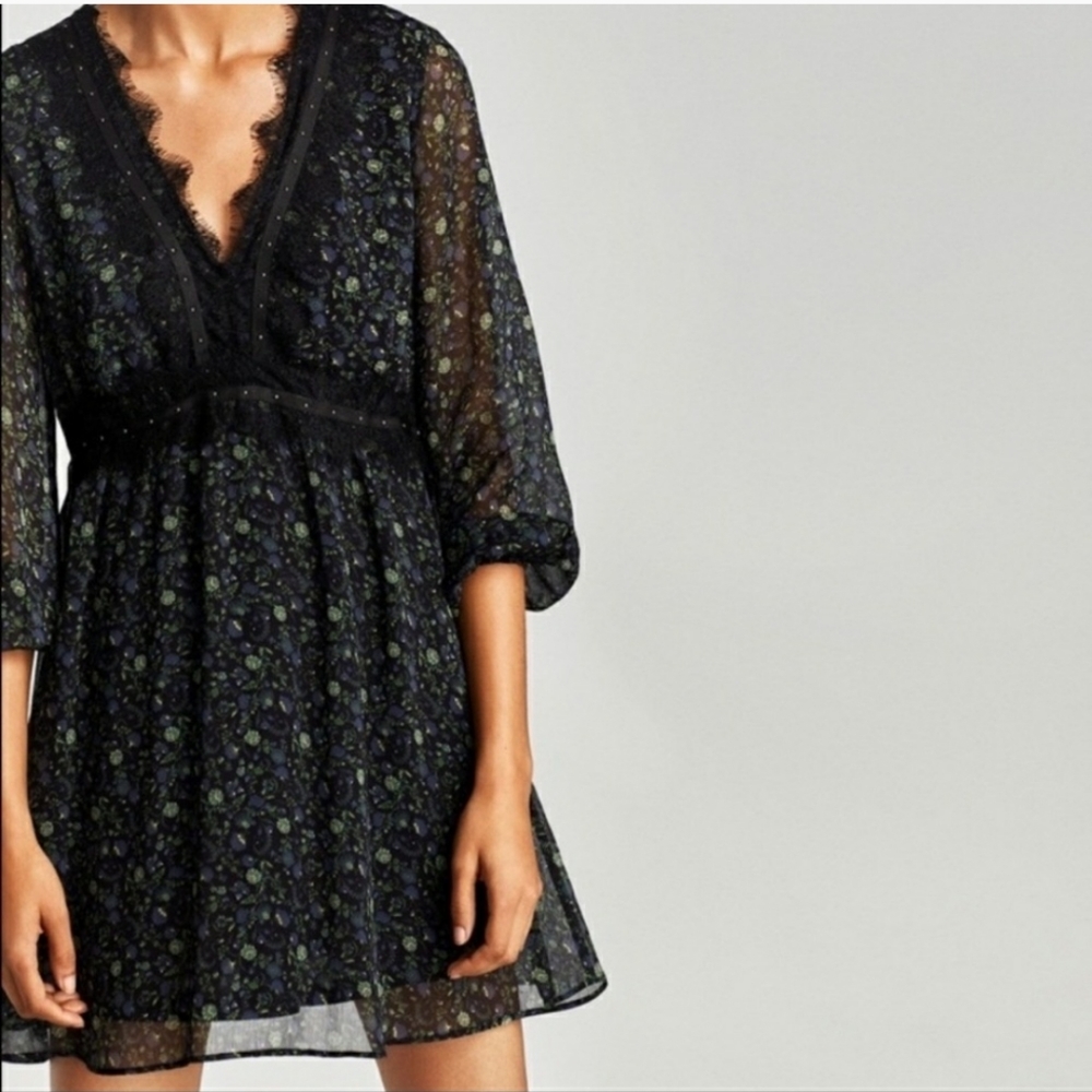 Zara Floral Long Sleeve Lace Trim Mini Dress XS